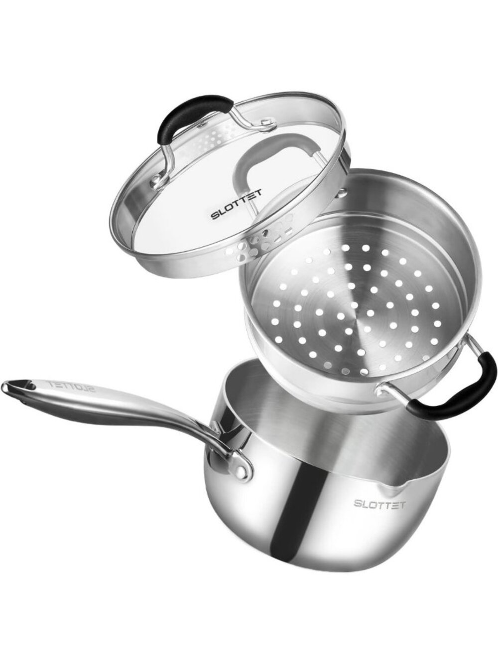2.5 Qt Tri-Ply Stainless Steel Saucepan with Steamer & Glass Lid, Stay-Cool